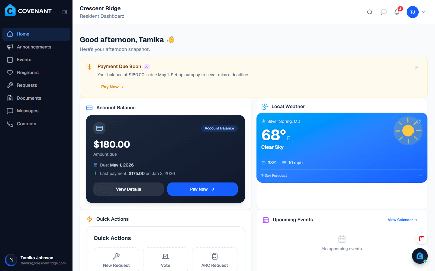 Covenant resident dashboard showing account balance, weather widget, and community announcements